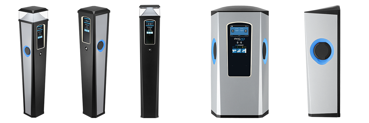 Sync Energy commercial Pro EV chargers including wall-mounted and bollard units with optional lighting for workplace and public charging installations